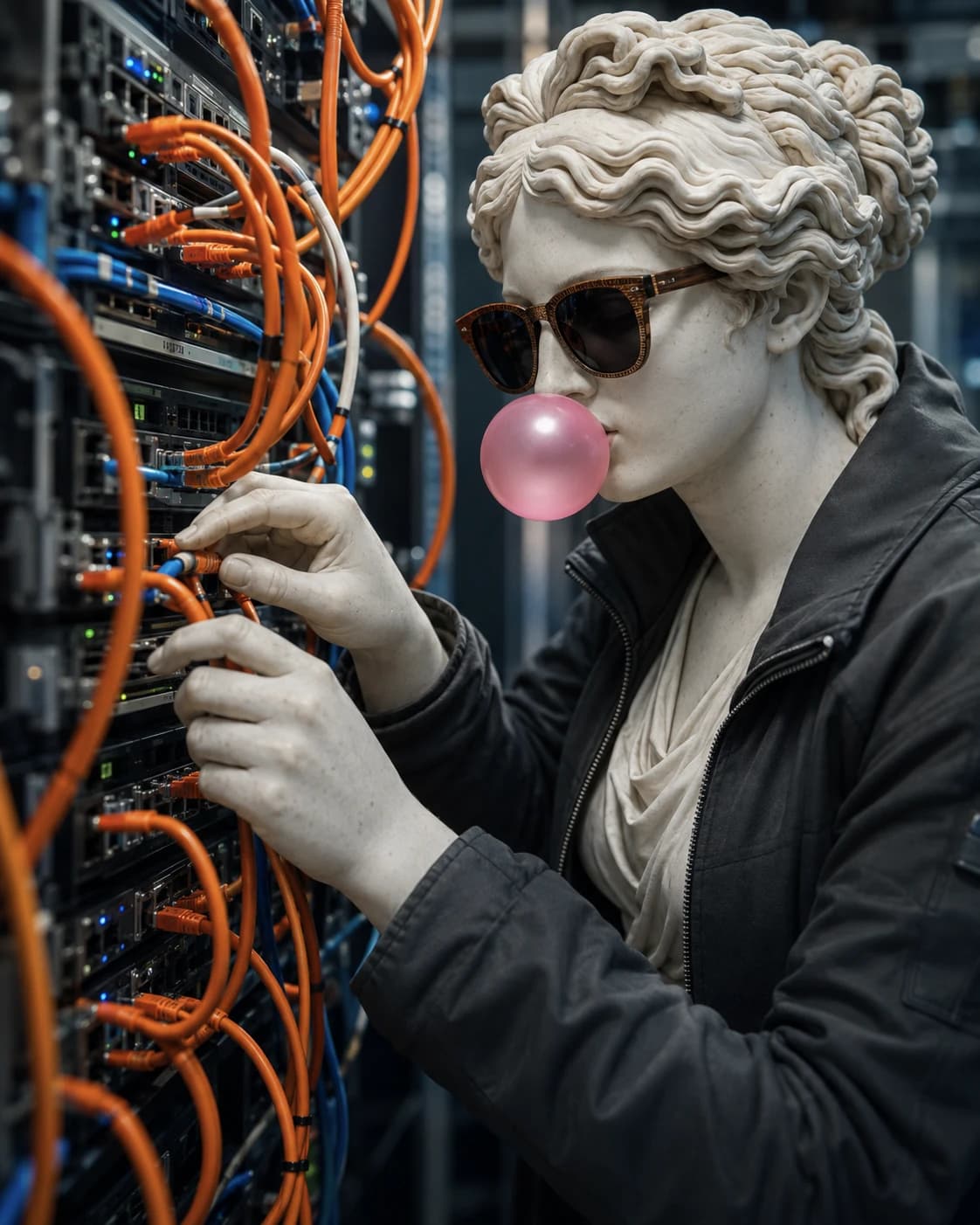 A marble network engineer connecting cables inside a modern data center