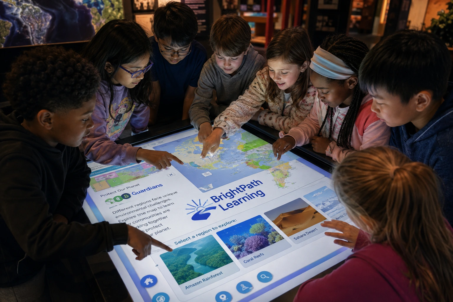 Children exploring a BrightPath Learning activity on an interactive table